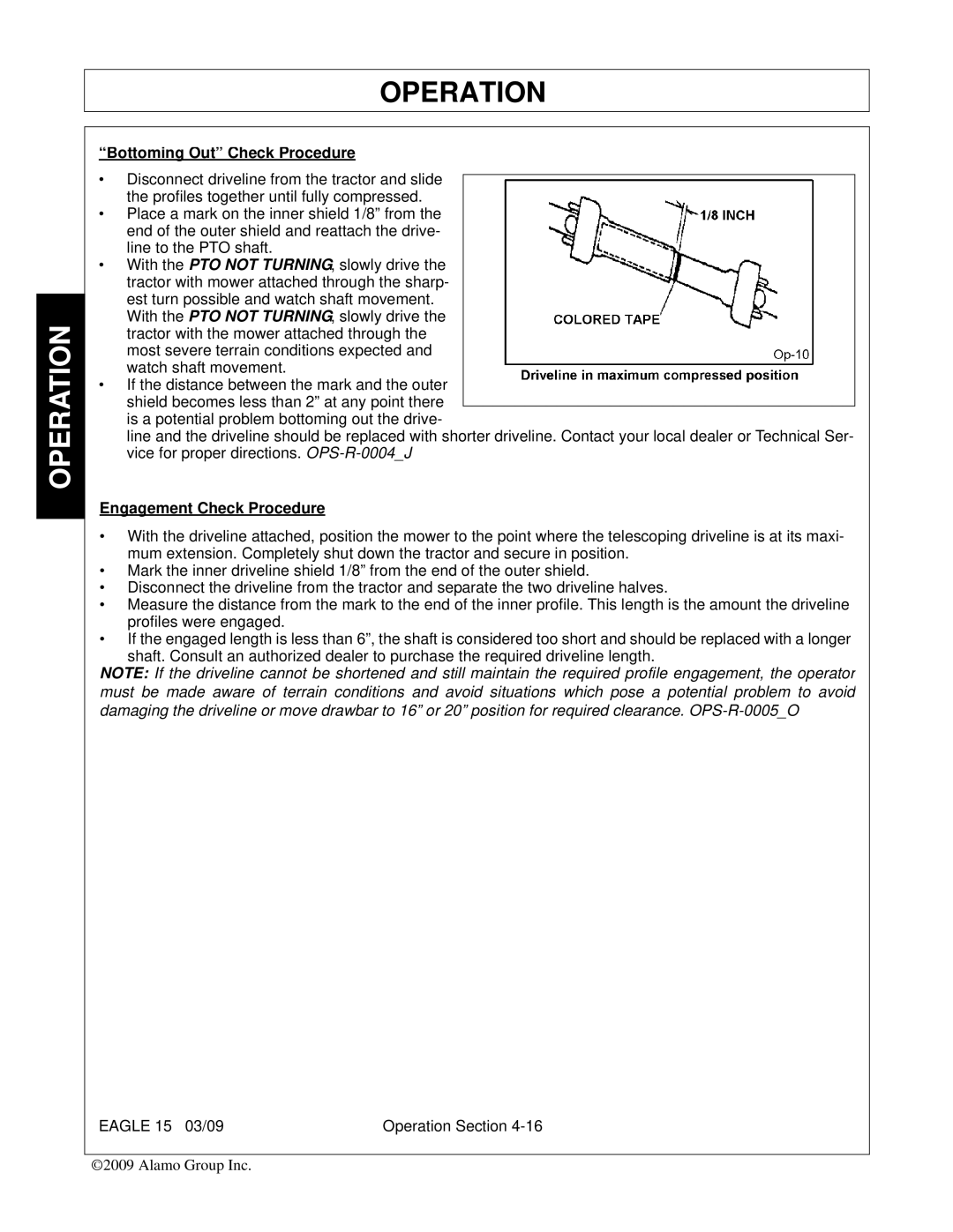 Alamo EAGLE 10/15 manual Bottoming Out Check Procedure, Engagement Check Procedure 