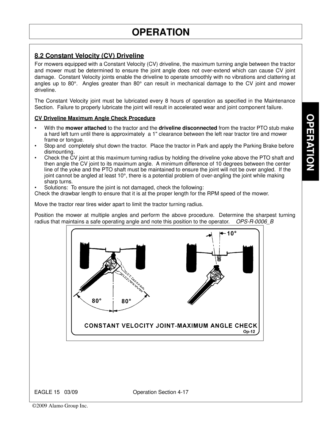 Alamo EAGLE 10/15 manual Constant Velocity CV Driveline, CV Driveline Maximum Angle Check Procedure 