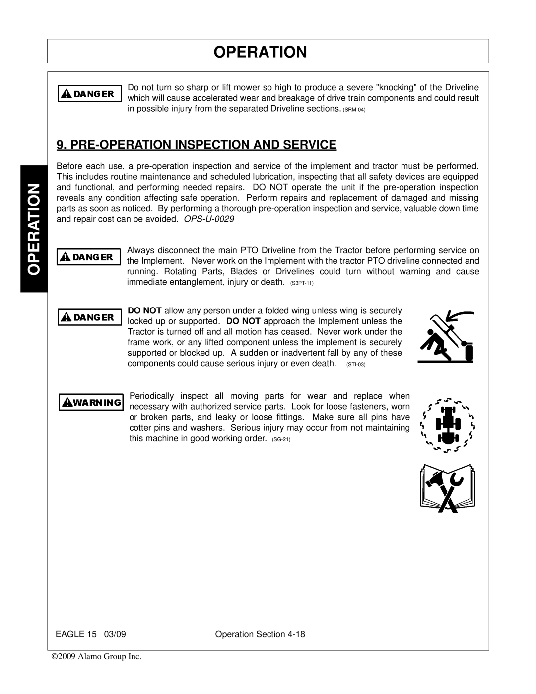 Alamo EAGLE 10/15 manual PRE-OPERATION Inspection and Service 