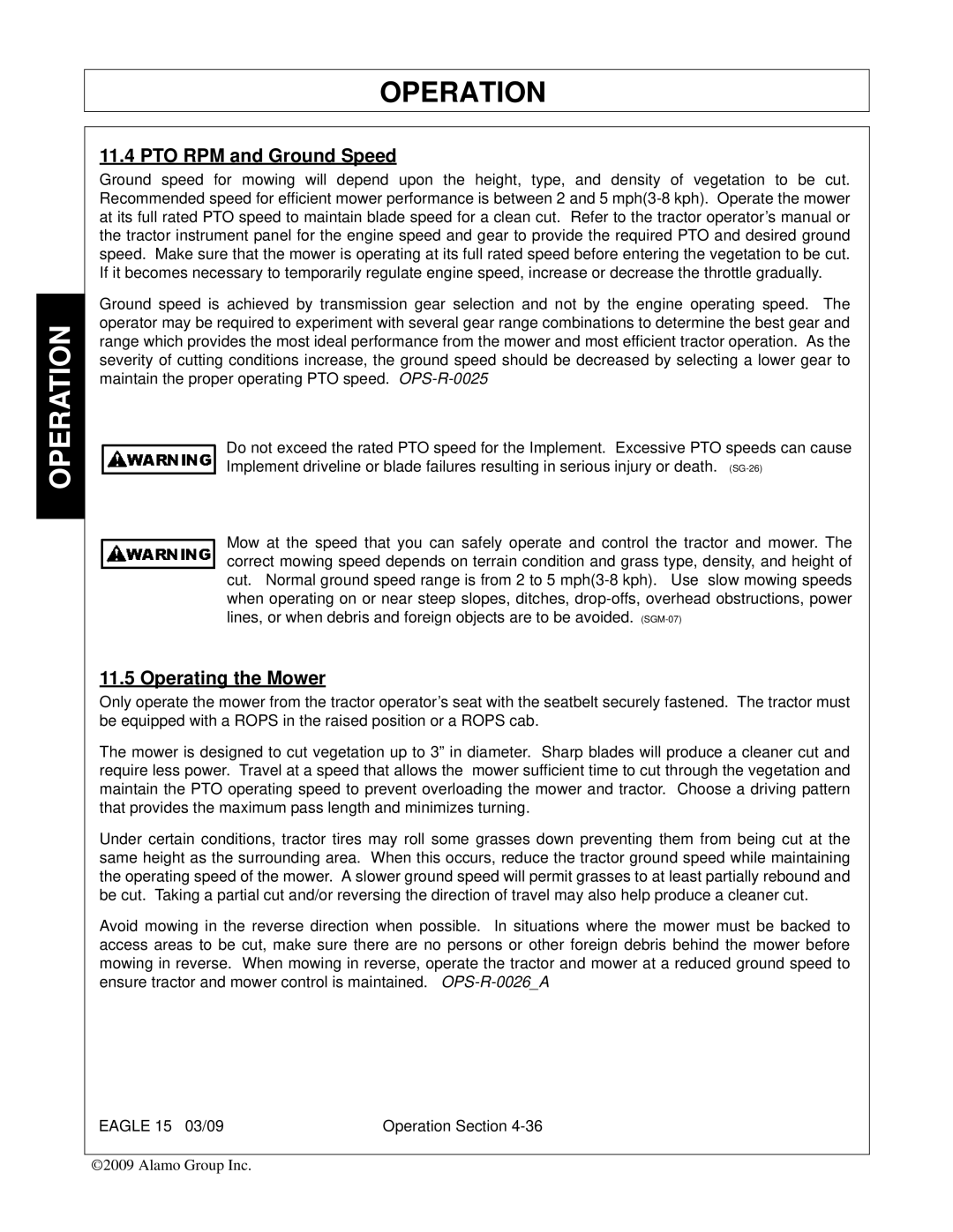 Alamo EAGLE 10/15 manual PTO RPM and Ground Speed, Operating the Mower 