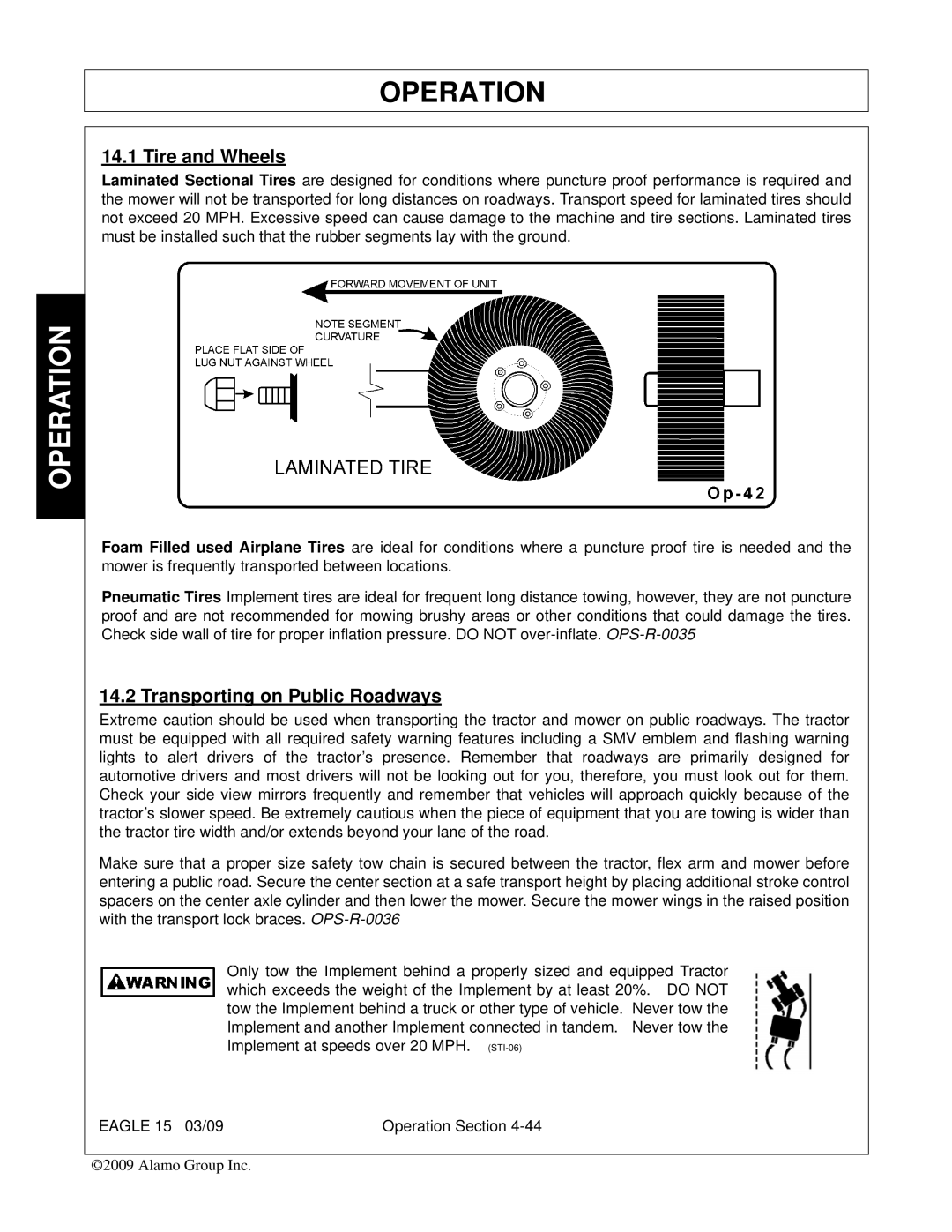 Alamo EAGLE 10/15 manual Tire and Wheels, Transporting on Public Roadways 
