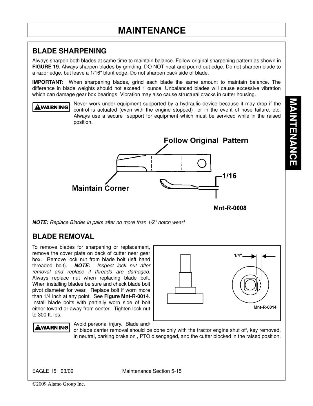 Alamo EAGLE 10/15 manual Blade Sharpening, Blade Removal 