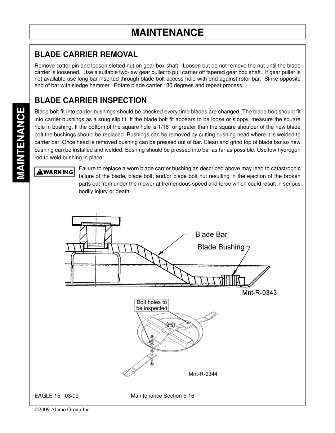 Alamo EAGLE 10/15 manual Blade Carrier Removal, Blade Carrier Inspection 