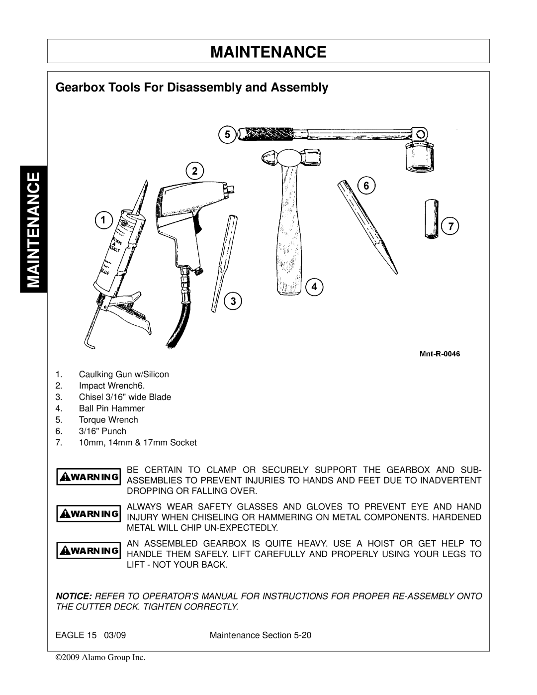 Alamo EAGLE 10/15 manual Gearbox Tools For Disassembly and Assembly 