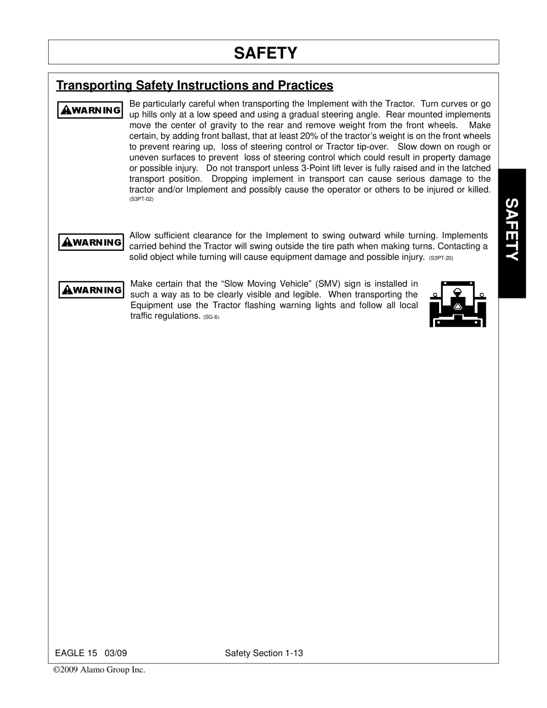 Alamo EAGLE 10/15 manual Transporting Safety Instructions and Practices 