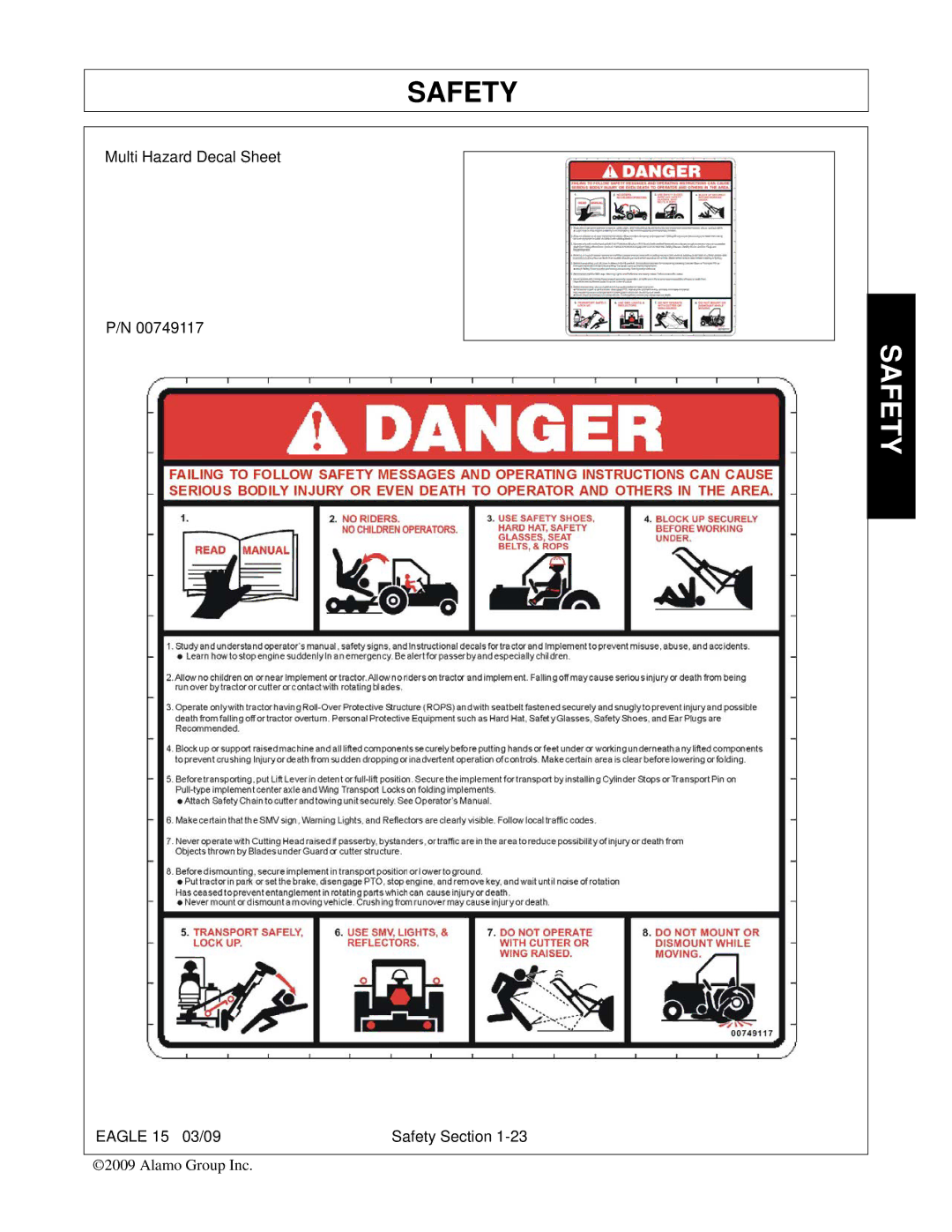 Alamo EAGLE 10/15 manual Multi Hazard Decal Sheet Eagle 15 03/09 Safety Section 