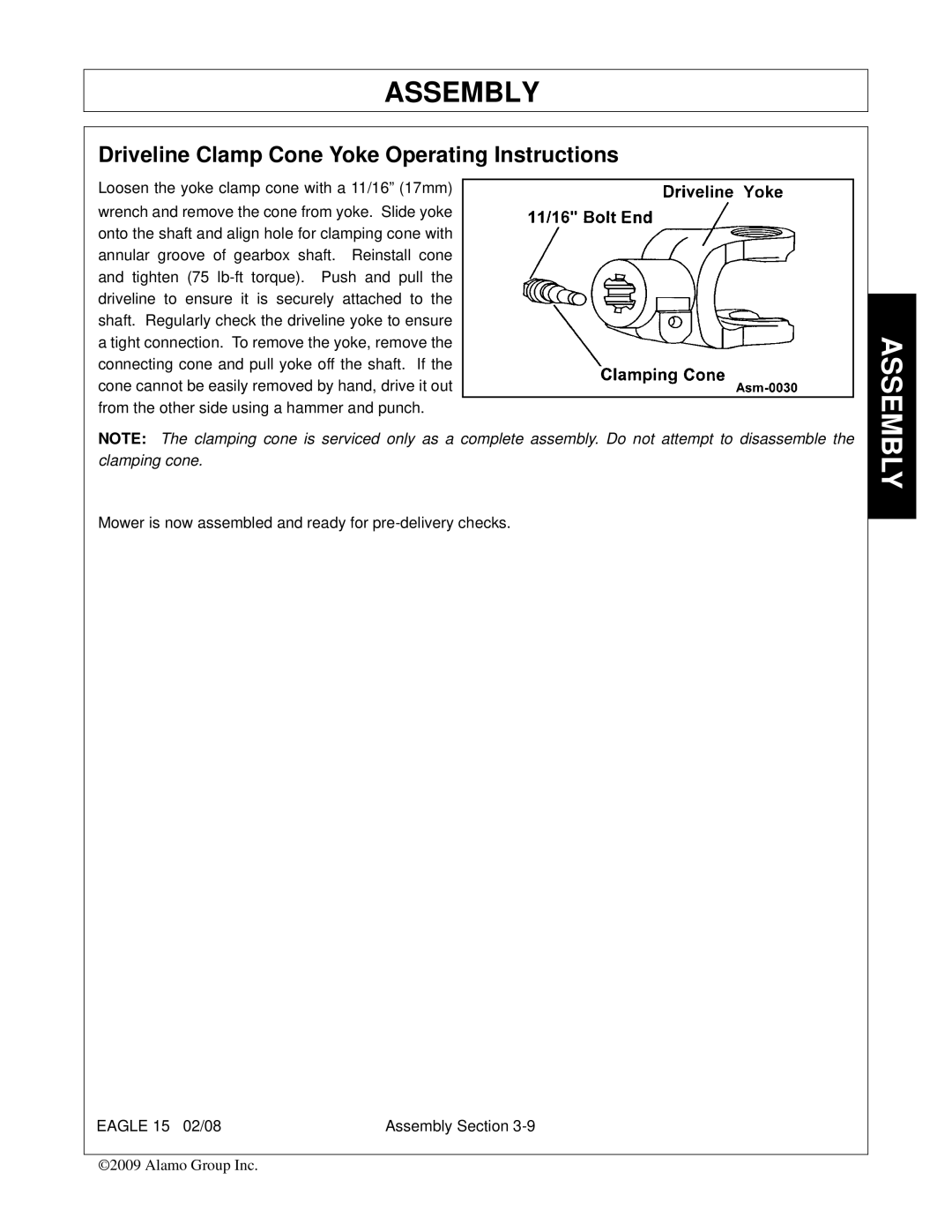 Alamo EAGLE 10/15 manual Driveline Clamp Cone Yoke Operating Instructions 