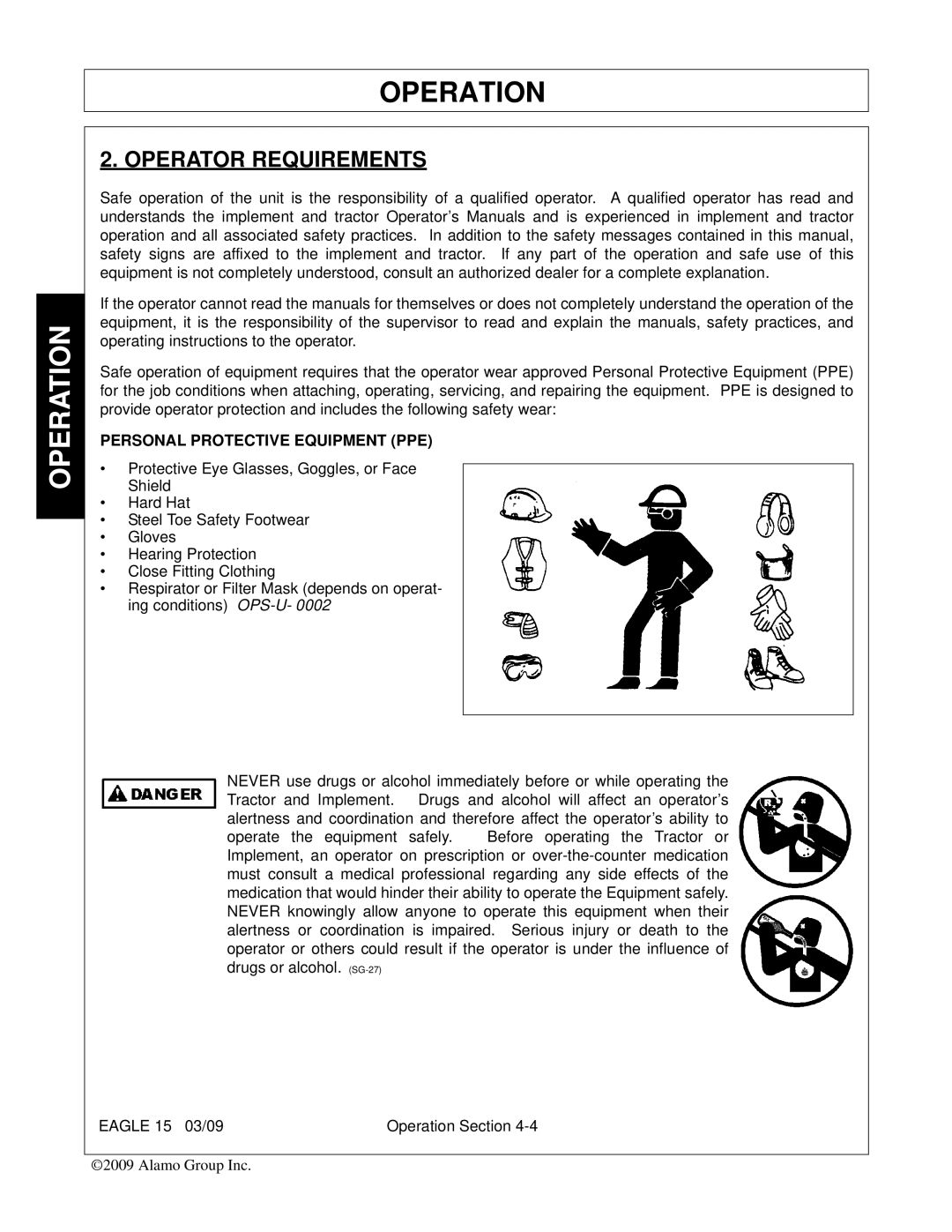 Alamo EAGLE 10/15 manual Operator Requirements, Personal Protective Equipment PPE 