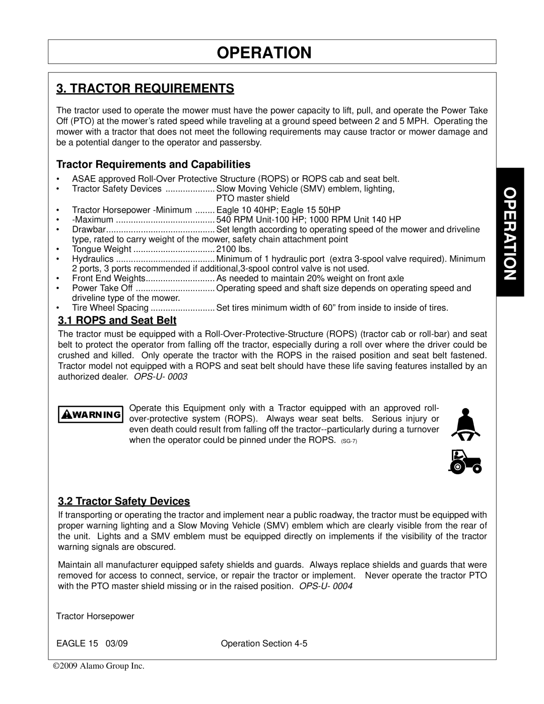 Alamo EAGLE 10/15 manual Tractor Requirements and Capabilities, Rops and Seat Belt, Tractor Safety Devices 