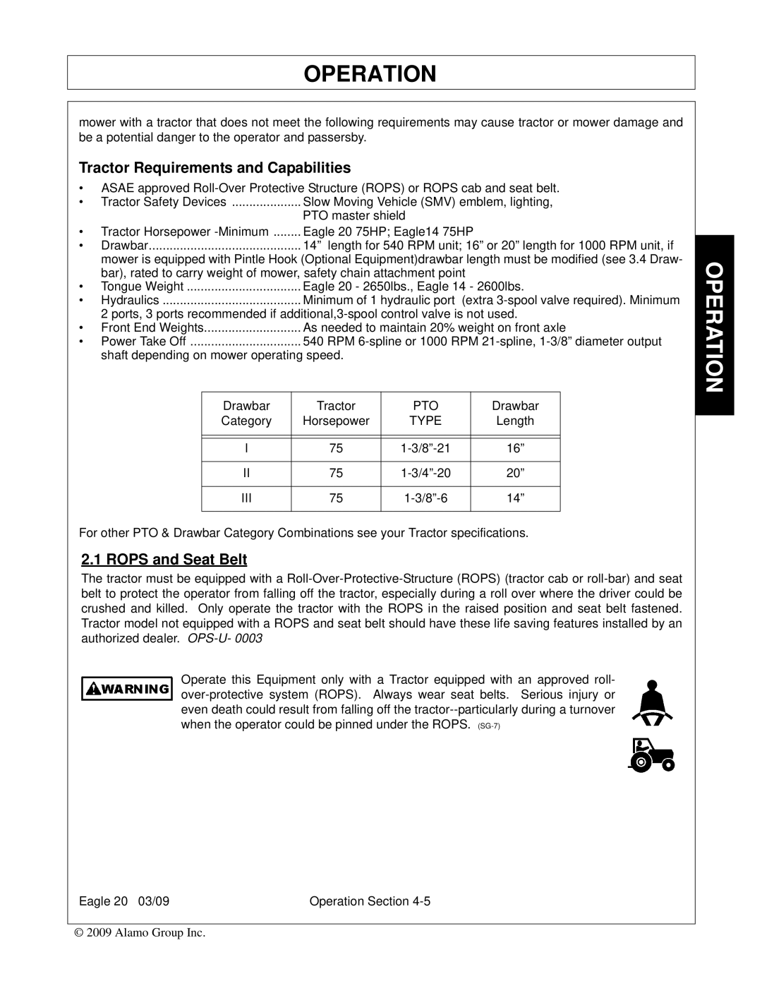 Alamo Eagle 14, Eagle 20 manual Tractor Requirements and Capabilities, Rops and Seat Belt 