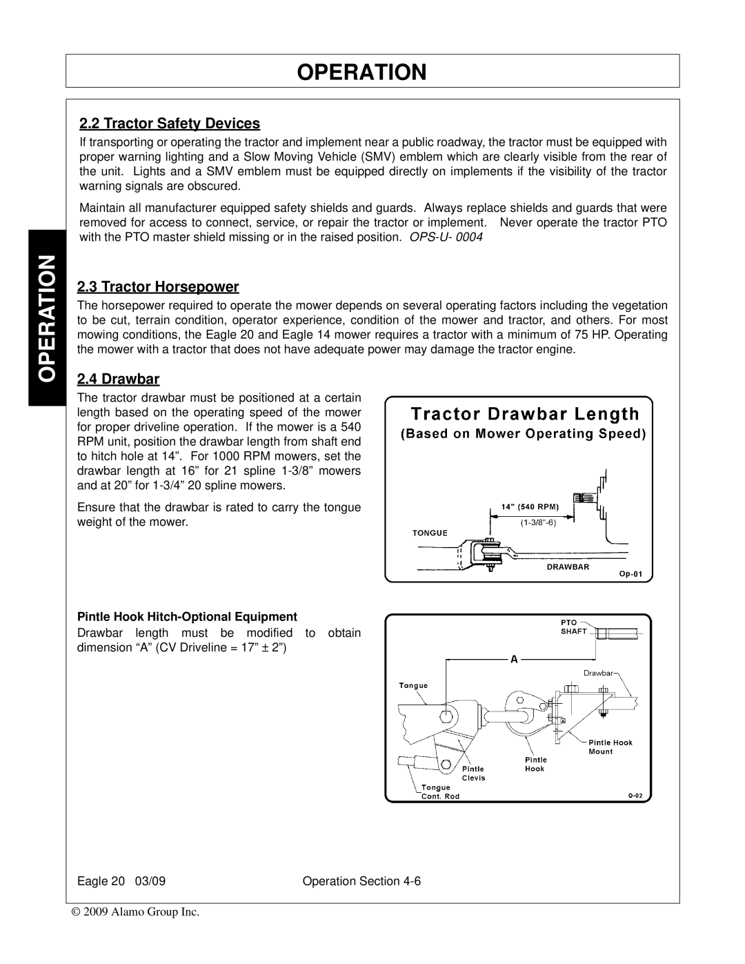 Alamo Eagle 20, Eagle 14 manual Tractor Safety Devices, Tractor Horsepower, Drawbar 