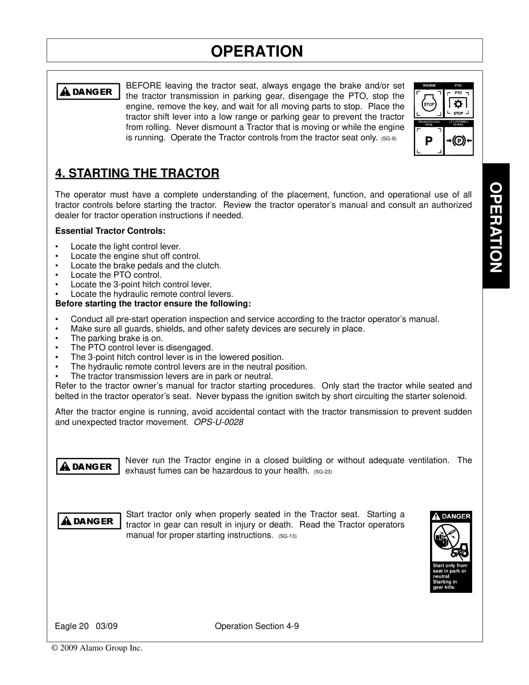 Alamo Eagle 14, Eagle 20 manual Starting the Tractor, Essential Tractor Controls 