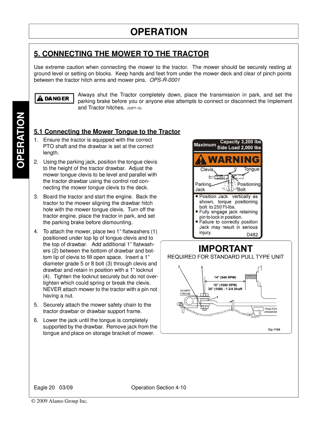 Alamo Eagle 20, Eagle 14 manual Connecting the Mower to the Tractor, Connecting the Mower Tongue to the Tractor 