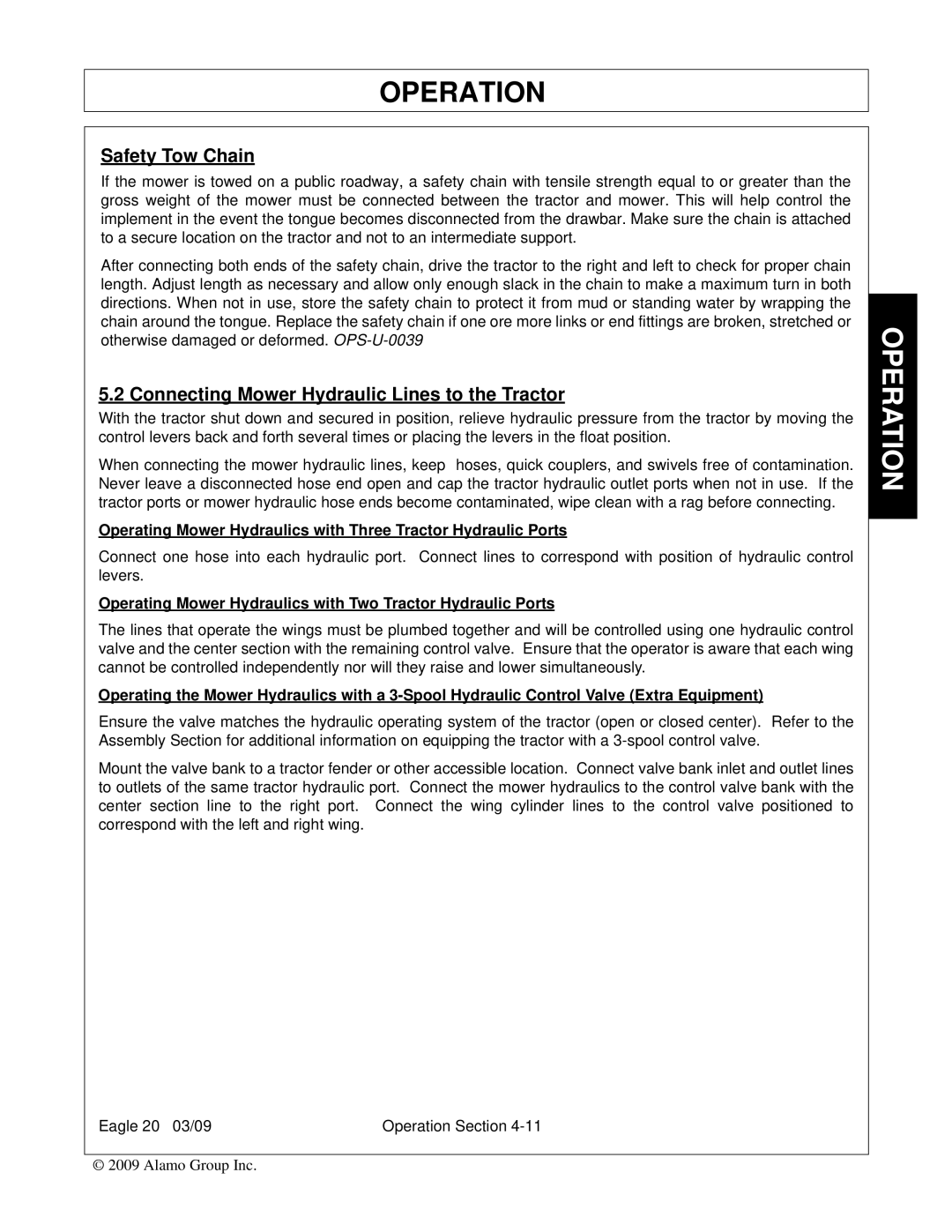 Alamo Eagle 14, Eagle 20 manual Safety Tow Chain, Connecting Mower Hydraulic Lines to the Tractor 