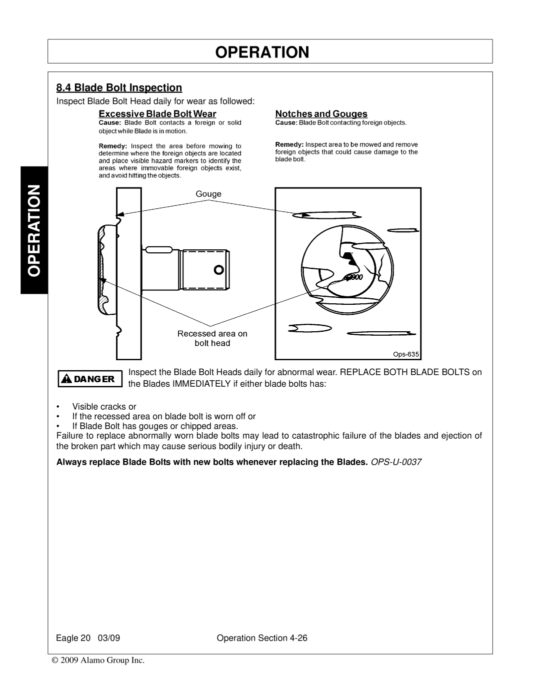 Alamo Eagle 20, Eagle 14 manual Blade Bolt Inspection 