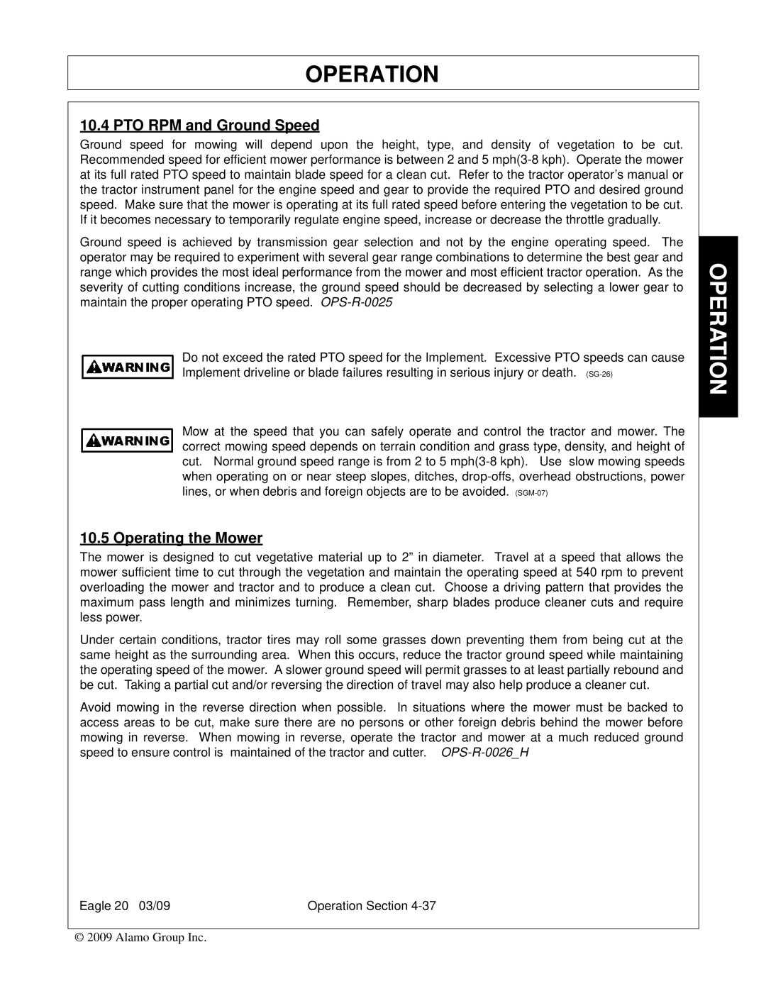 Alamo Eagle 14, Eagle 20 manual PTO RPM and Ground Speed, Operating the Mower 