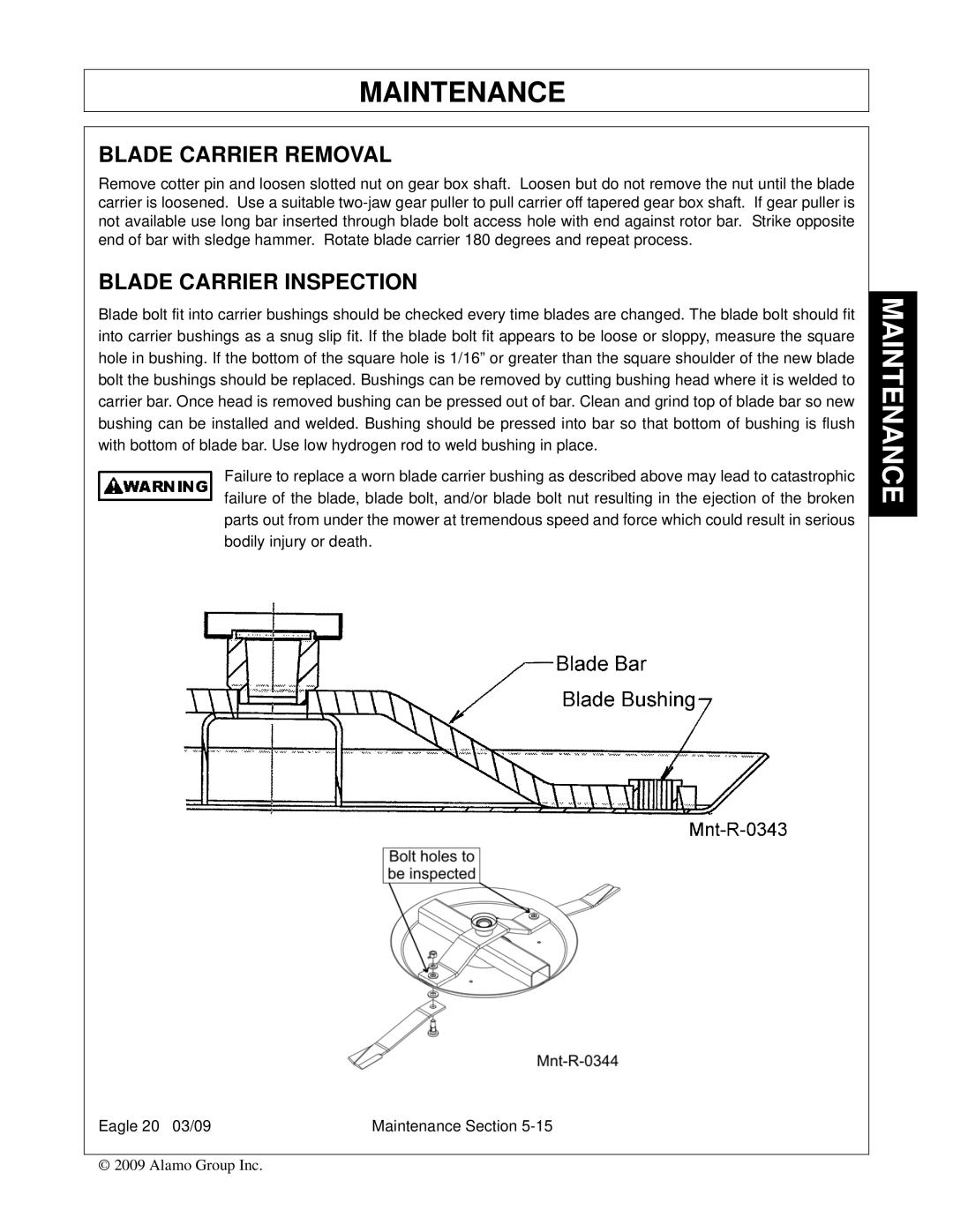 Alamo Eagle 14, Eagle 20 manual Blade Carrier Removal, Blade Carrier Inspection 