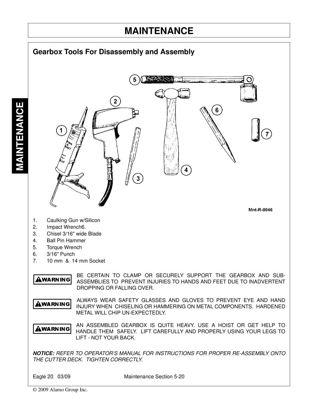 Alamo Eagle 20, Eagle 14 manual Gearbox Tools For Disassembly and Assembly 