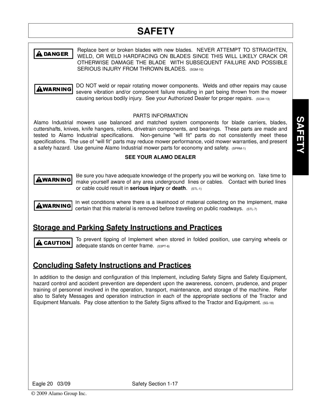 Alamo Eagle 14 manual Storage and Parking Safety Instructions and Practices, Concluding Safety Instructions and Practices 