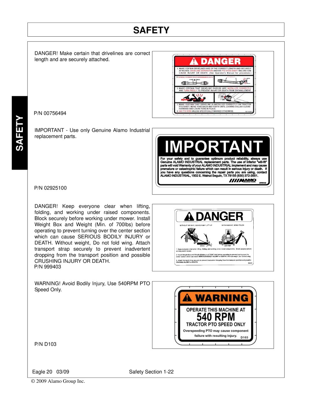 Alamo Eagle 20, Eagle 14 manual Crushing Injury or DEATH. P/N 