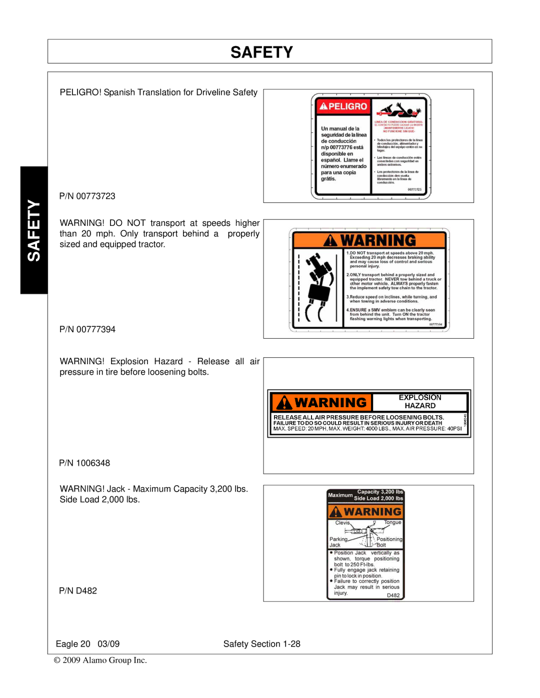 Alamo Eagle 20, Eagle 14 manual PELIGRO! Spanish Translation for Driveline Safety 