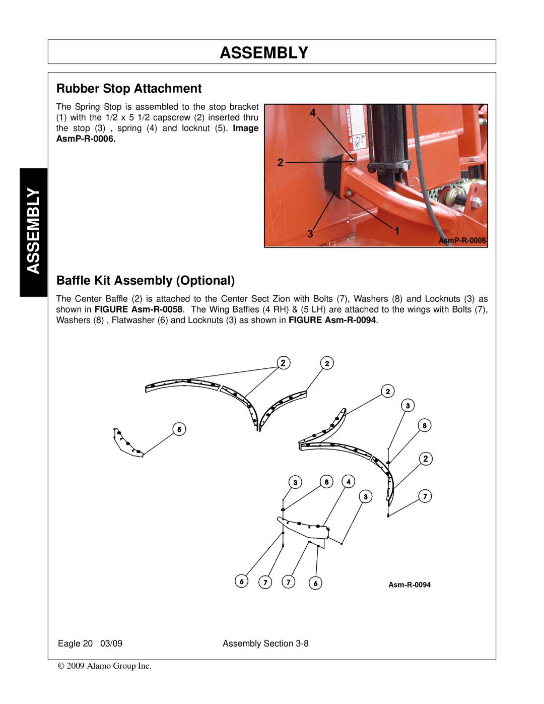 Alamo Eagle 20, Eagle 14 manual Rubber Stop Attachment, Baffle Kit Assembly Optional 