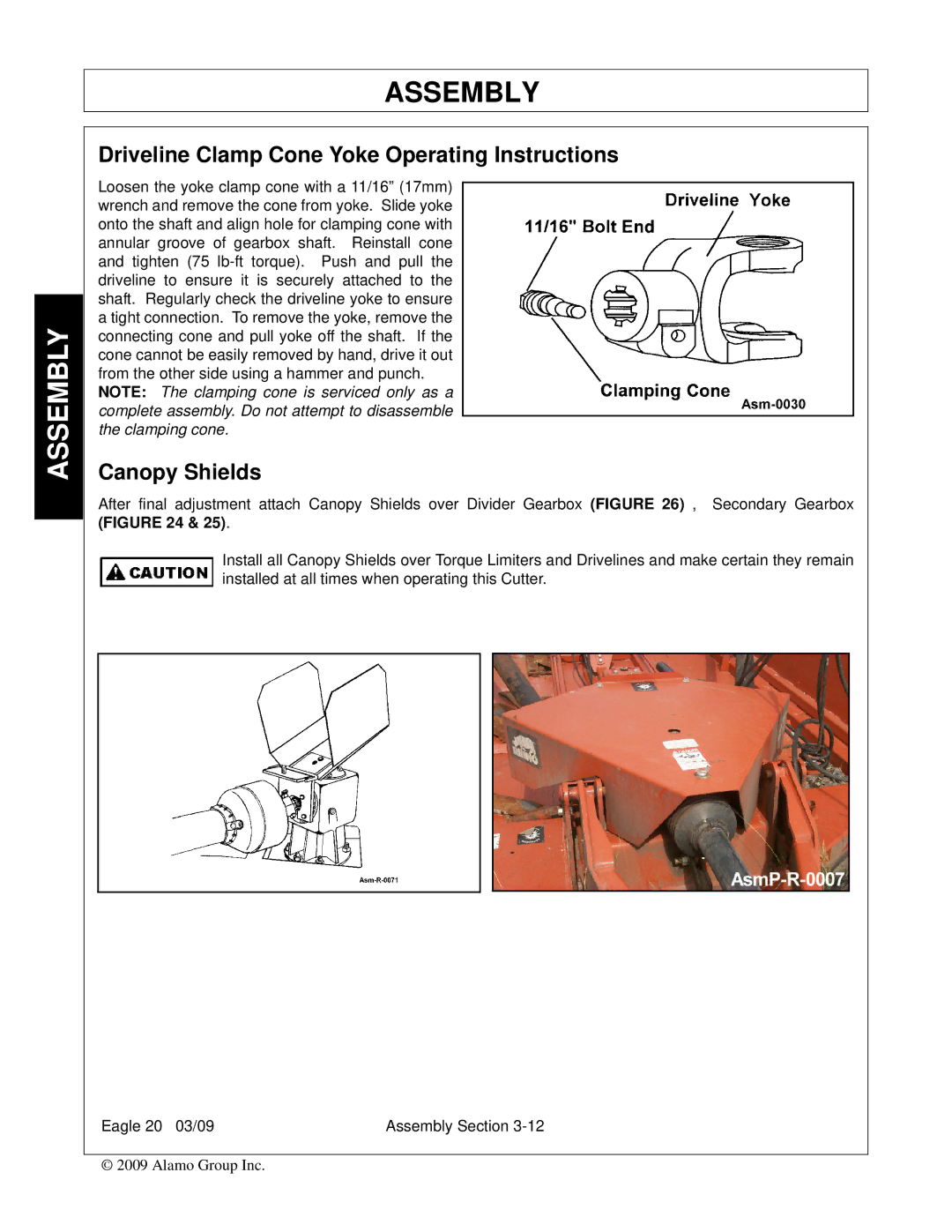 Alamo Eagle 20, Eagle 14 manual Driveline Clamp Cone Yoke Operating Instructions, Canopy Shields 