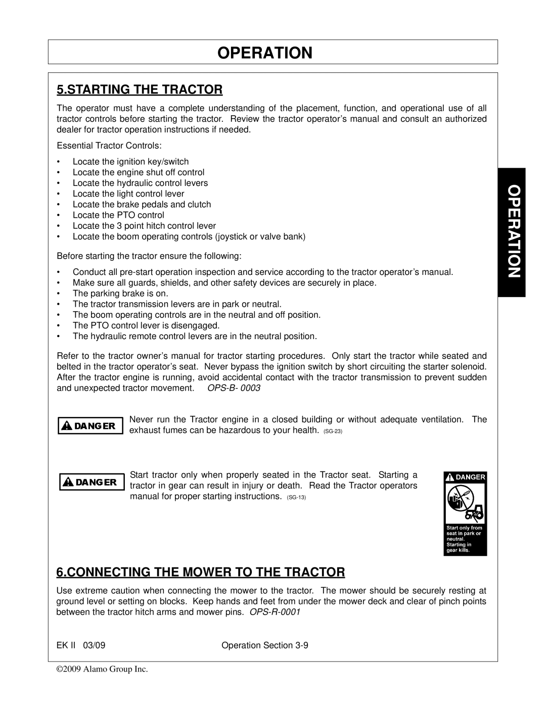 Alamo Exten-A-Kut II manual Starting the Tractor, Connecting the Mower to the Tractor 