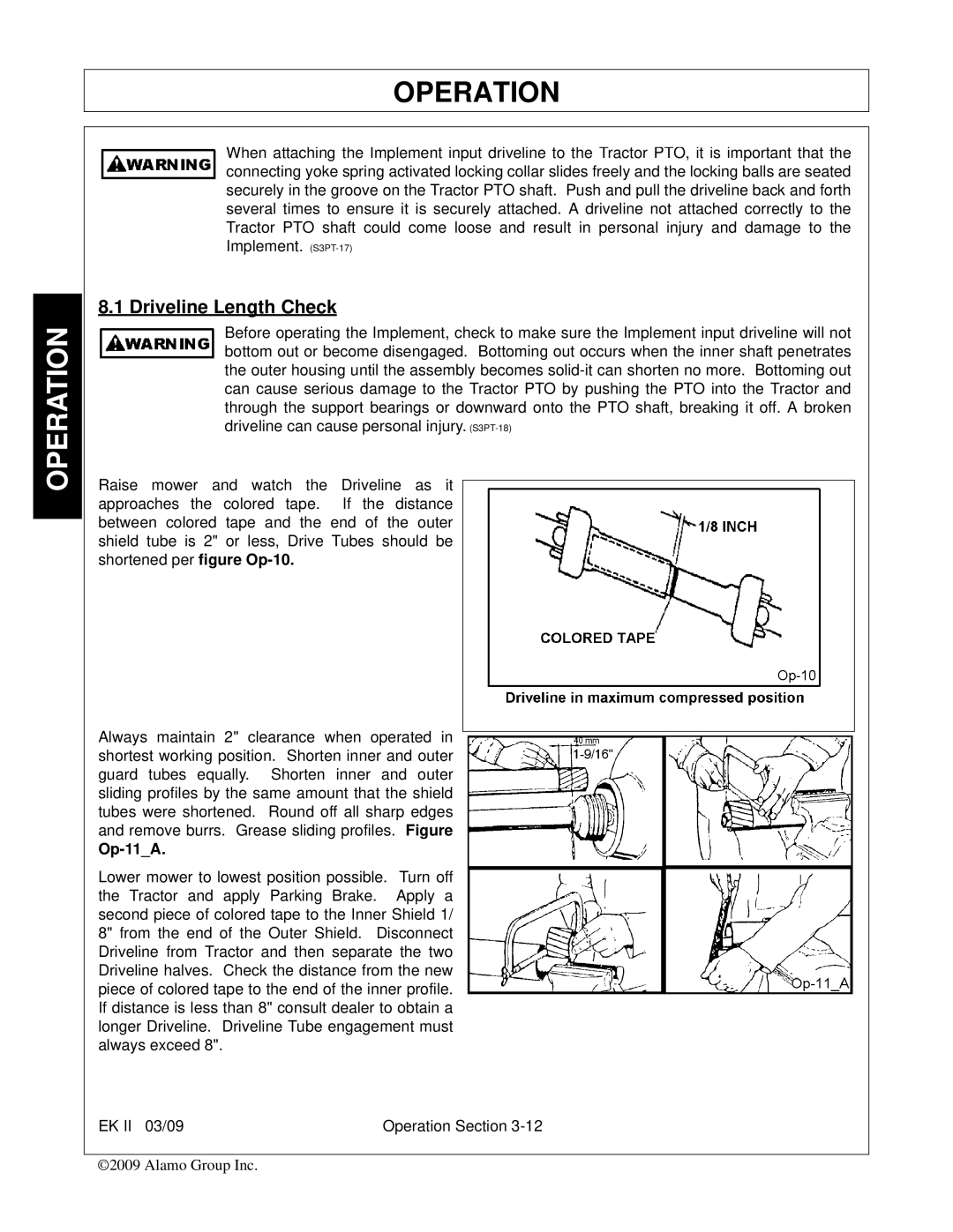 Alamo Exten-A-Kut II manual Driveline Length Check, Op-11A 