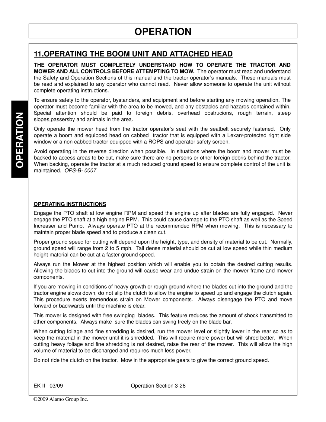 Alamo Exten-A-Kut II manual Operating the Boom Unit and Attached Head, Operating Instructions 