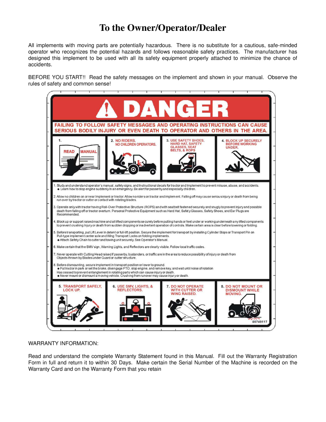 Alamo Exten-A-Kut II manual To the Owner/Operator/Dealer 