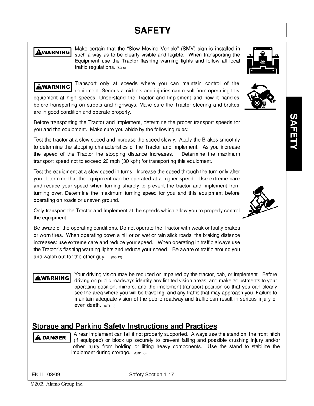 Alamo Exten-A-Kut II manual Storage and Parking Safety Instructions and Practices 