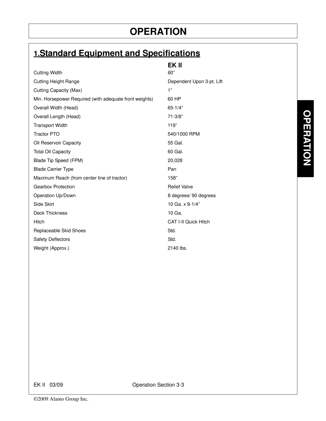 Alamo Exten-A-Kut II manual Standard Equipment and Specifications 