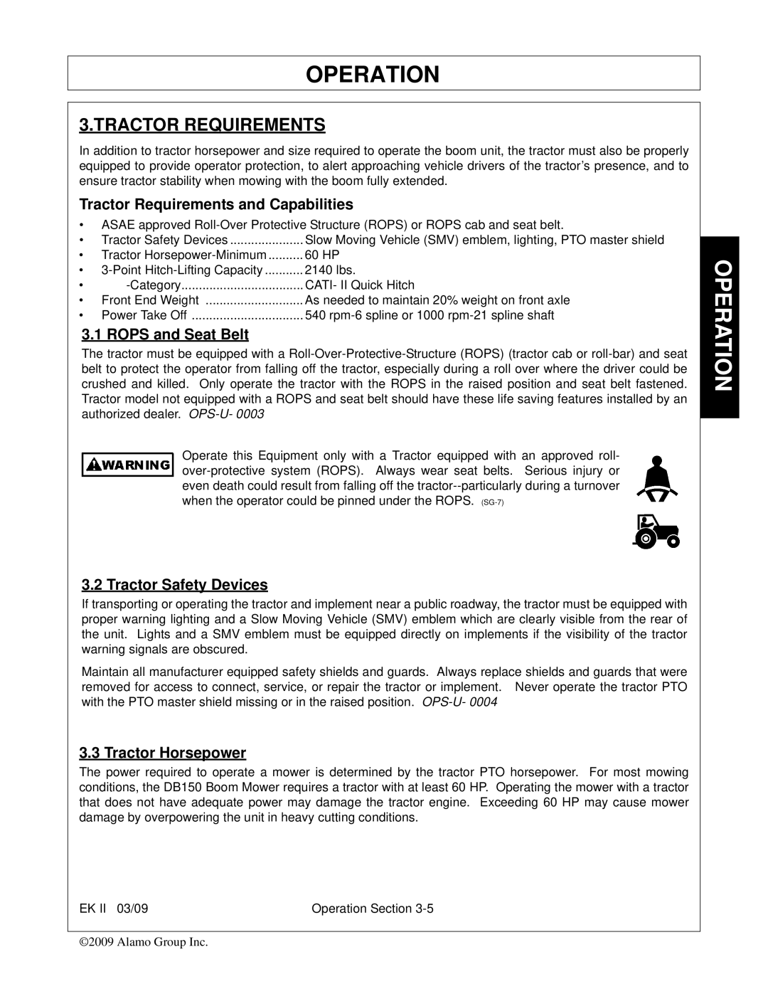 Alamo Exten-A-Kut II manual Tractor Requirements and Capabilities, Rops and Seat Belt, Tractor Safety Devices 