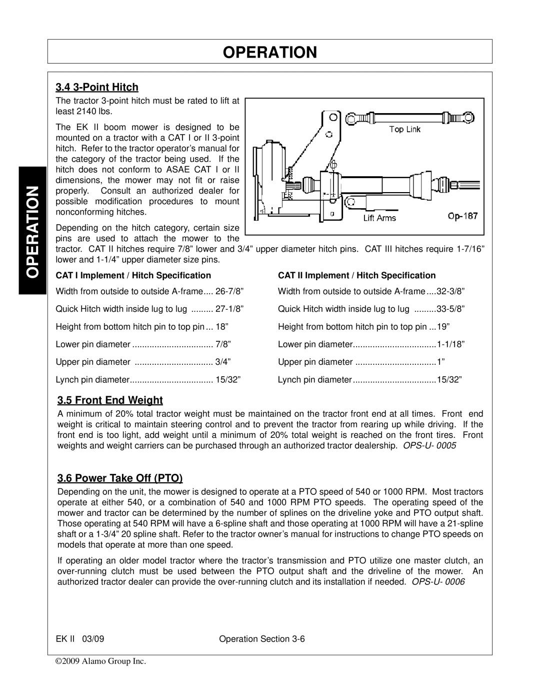 Alamo Exten-A-Kut II manual Point Hitch, Front End Weight, Power Take Off PTO 