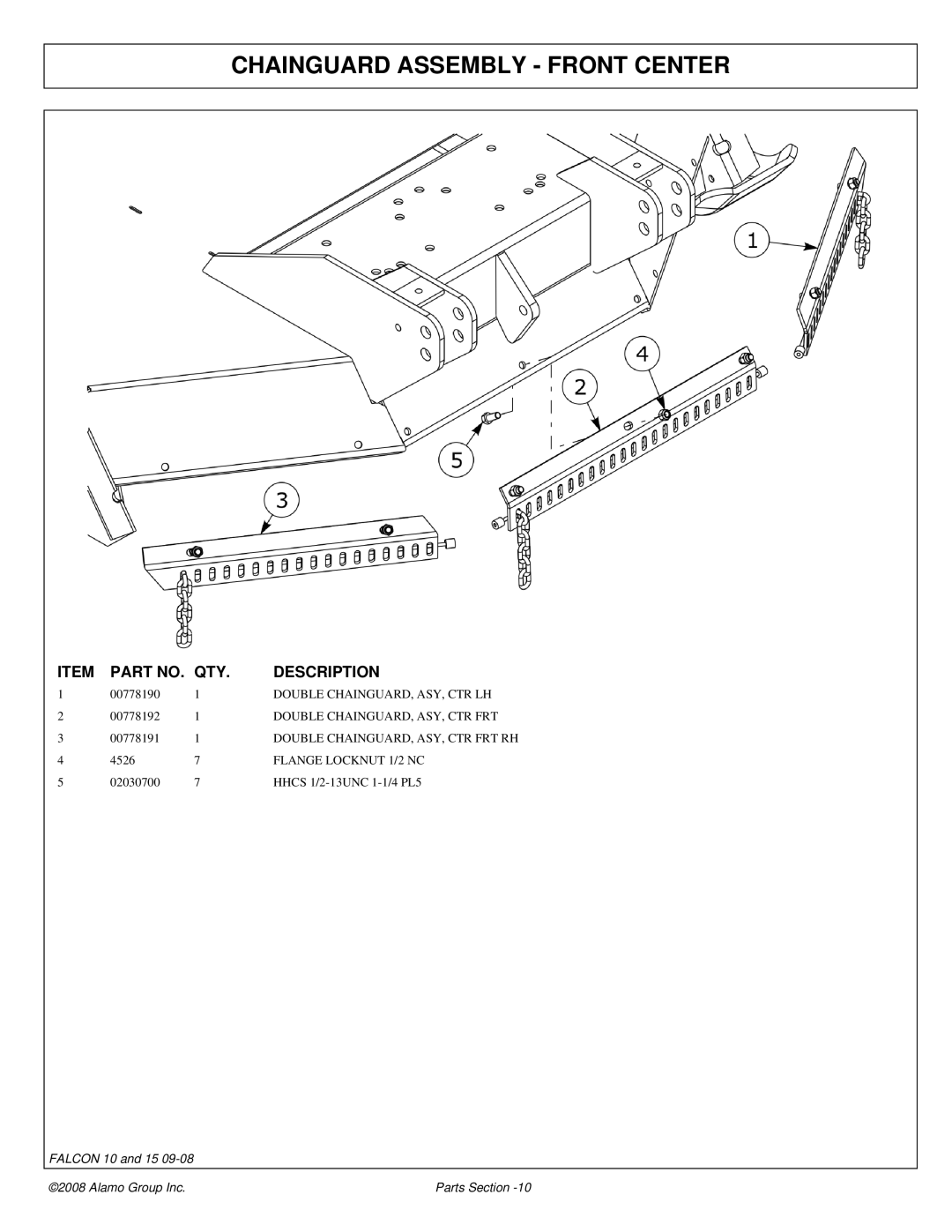 Alamo Falcon 10 - 15 manual Chainguard Assembly Front Center 