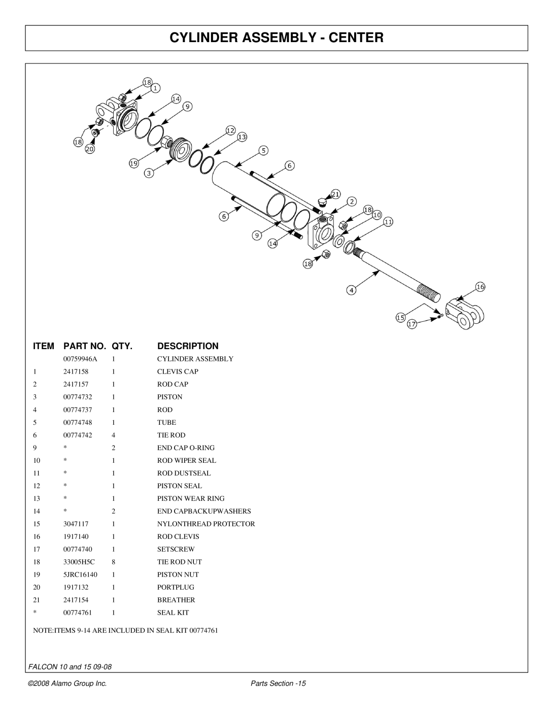 Alamo Falcon 10 - 15 manual Cylinder Assembly Center 