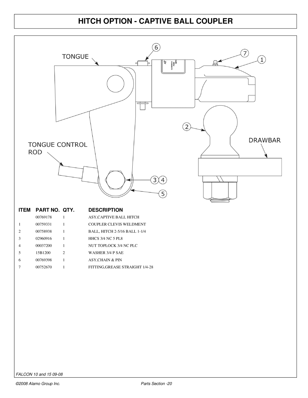 Alamo Falcon 10 - 15 manual Hitch Option Captive Ball Coupler 