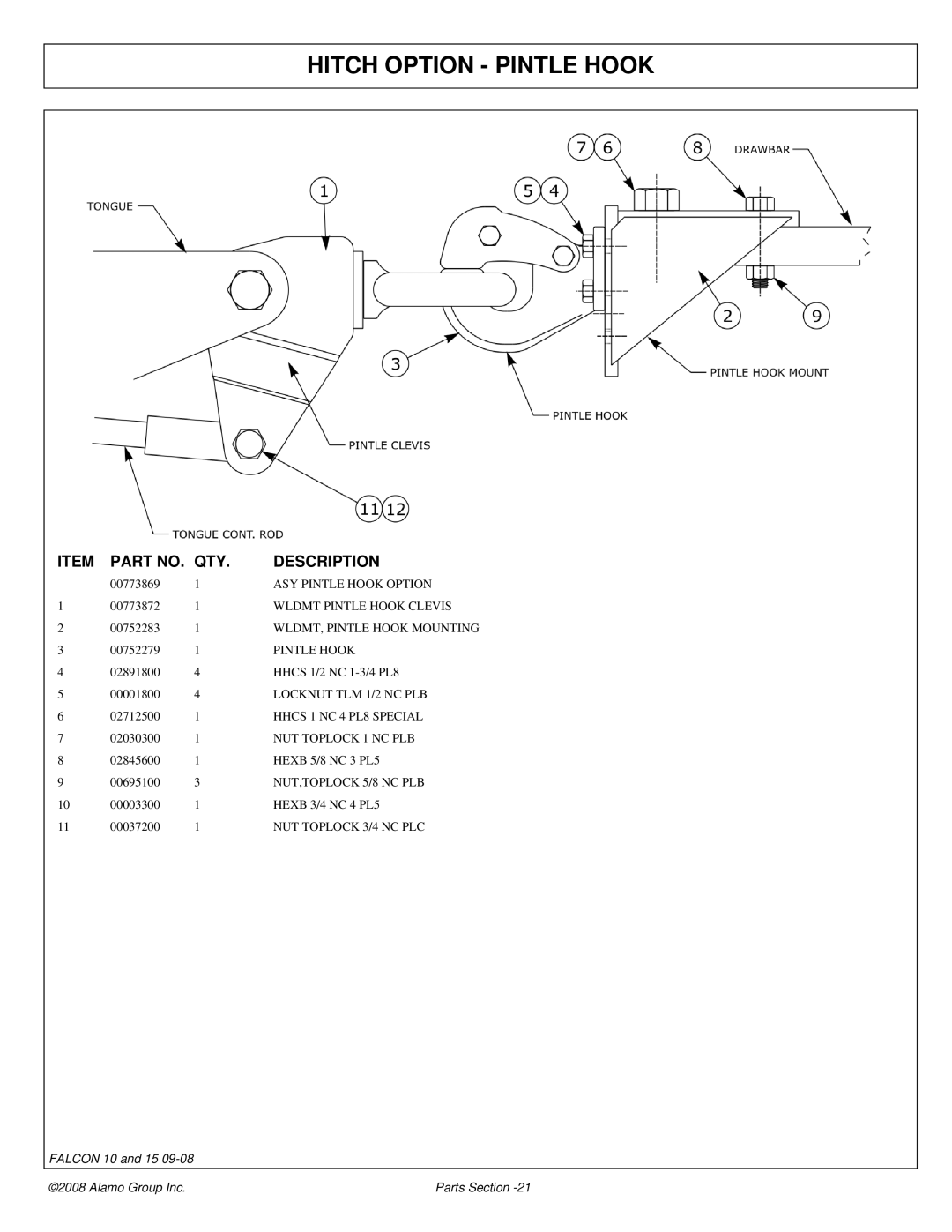 Alamo Falcon 10 - 15 manual Hitch Option Pintle Hook 