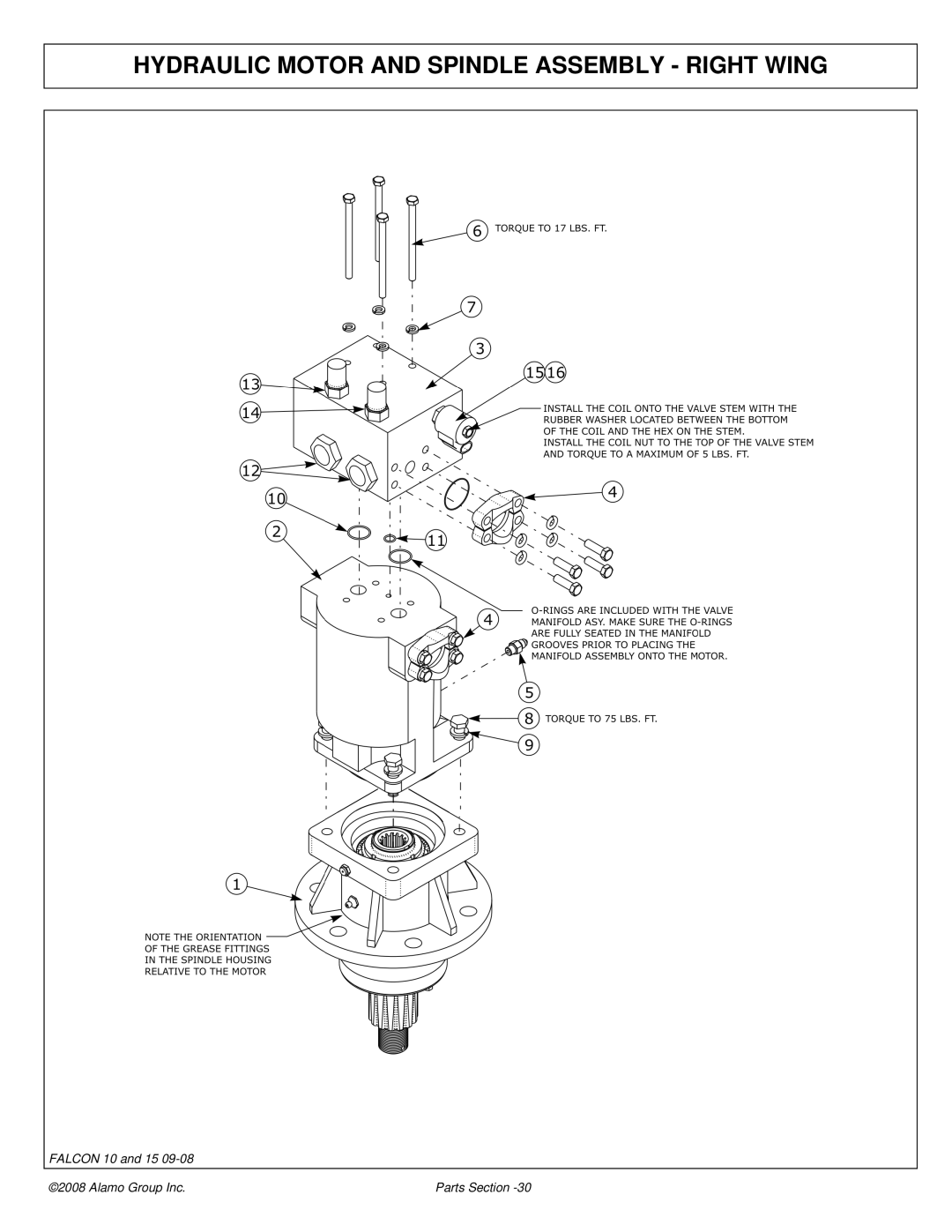 Alamo Falcon 10 - 15 manual Hydraulic Motor and Spindle Assembly Right Wing 