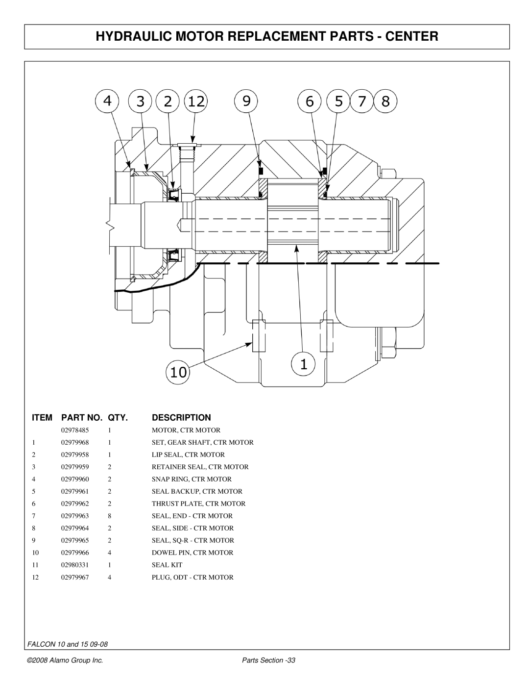 Alamo Falcon 10 - 15 manual Hydraulic Motor Replacement Parts Center 