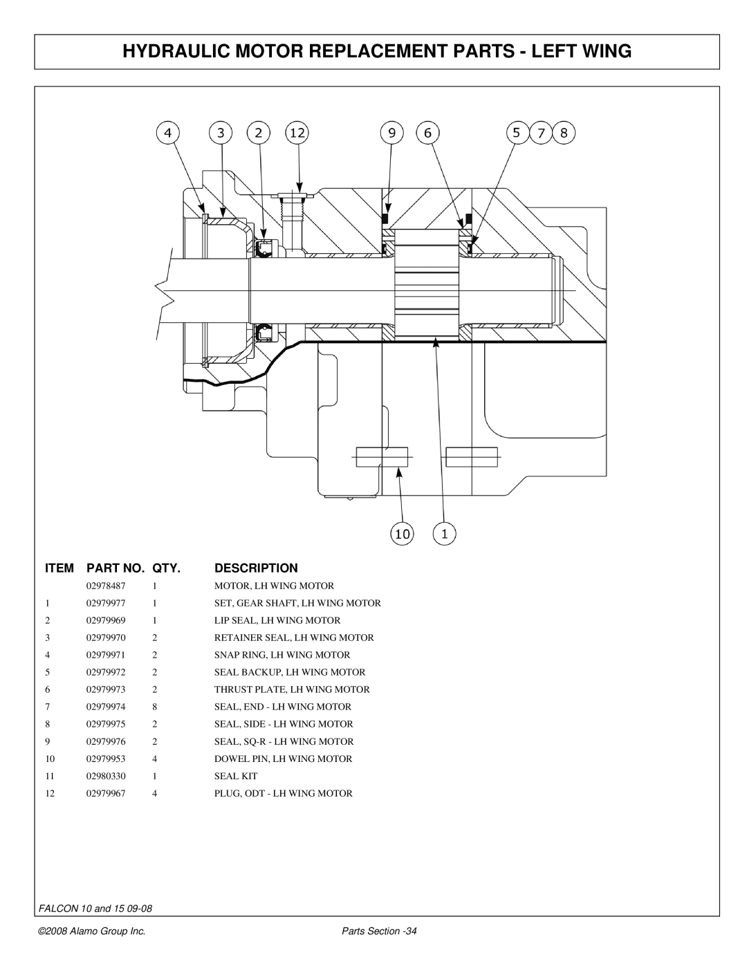 Alamo Falcon 10 - 15 manual Hydraulic Motor Replacement Parts Left Wing 