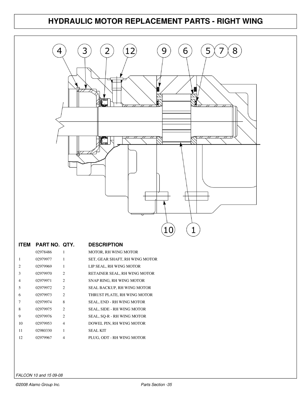 Alamo Falcon 10 - 15 manual Hydraulic Motor Replacement Parts Right Wing 