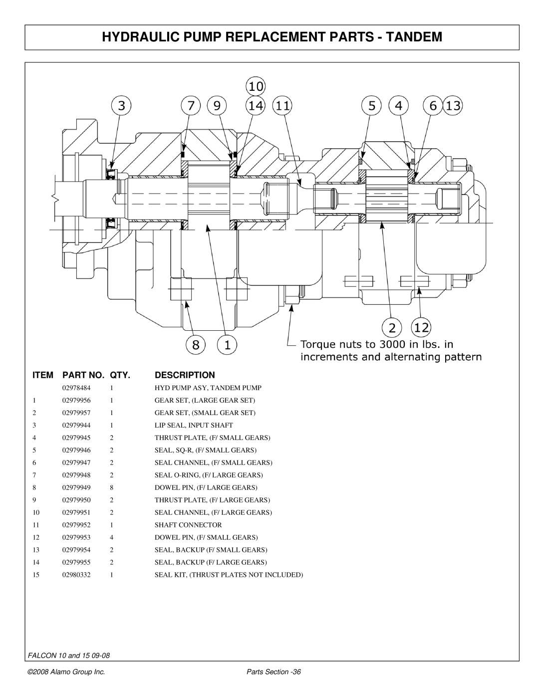 Alamo Falcon 10 - 15 manual Hydraulic Pump Replacement Parts Tandem 