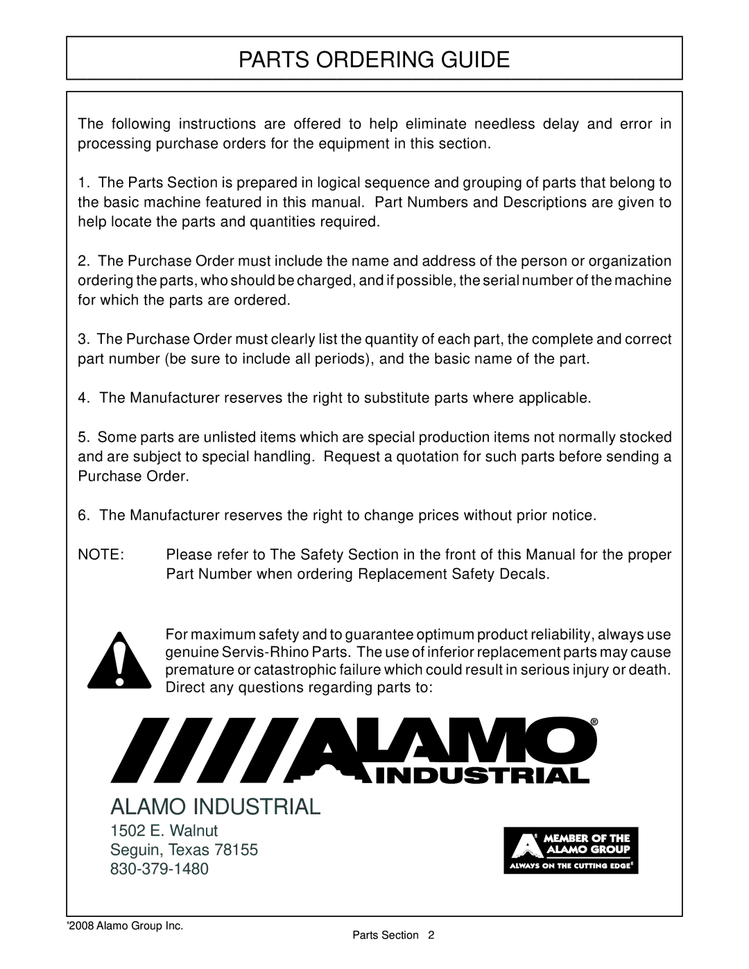 Alamo Falcon 10 - 15 manual Parts Ordering Guide 