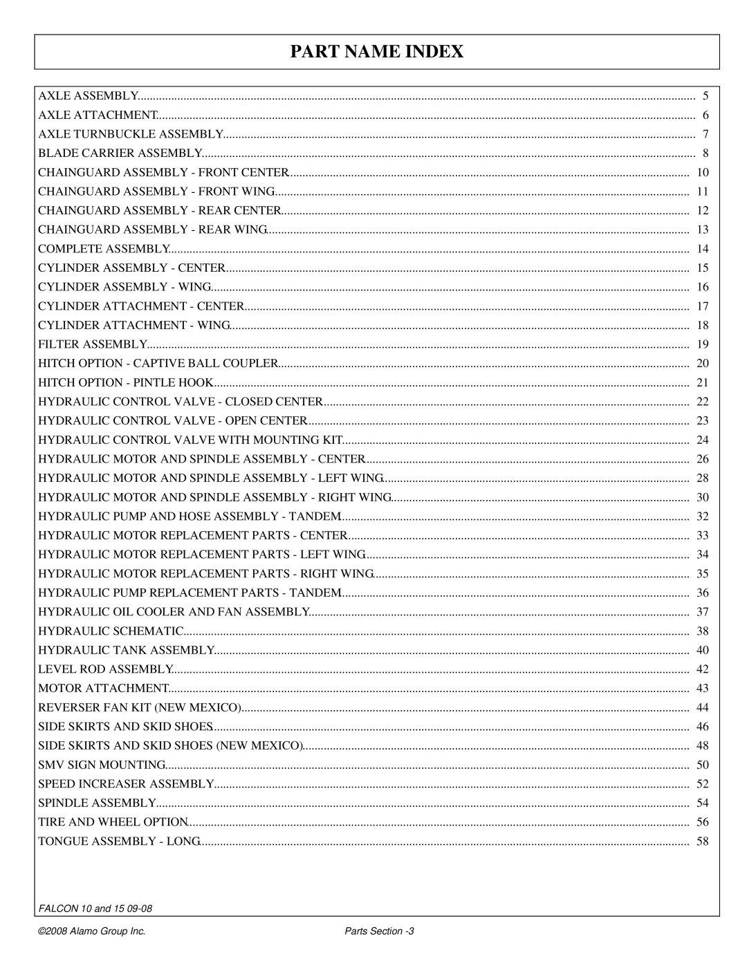 Alamo Falcon 10 - 15 manual Part Name Index 