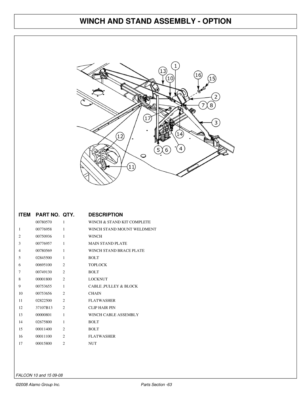 Alamo Falcon 10 - 15 manual Winch and Stand Assembly Option 