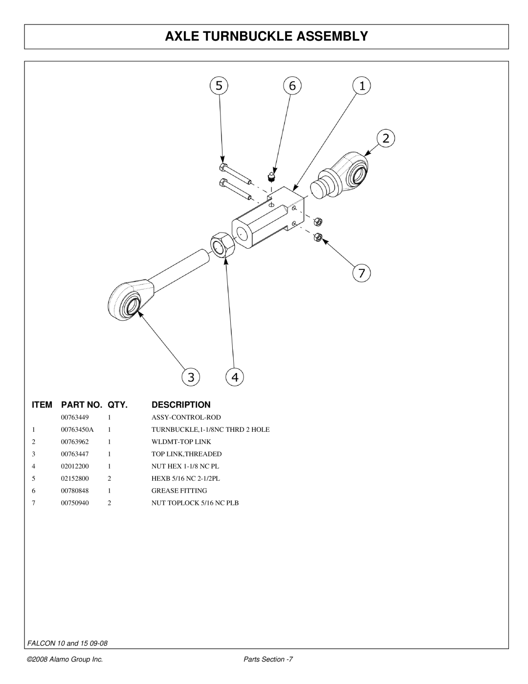 Alamo Falcon 10 - 15 manual Axle Turnbuckle Assembly 