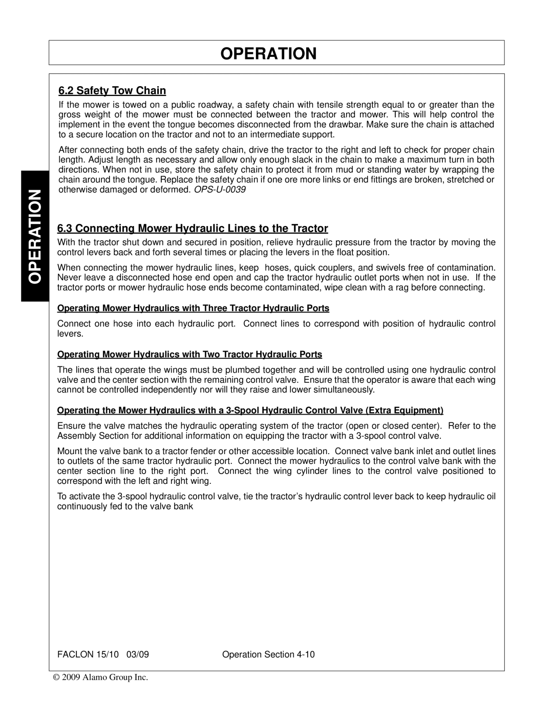 Alamo FALCON 15/10 manual Safety Tow Chain, Connecting Mower Hydraulic Lines to the Tractor 