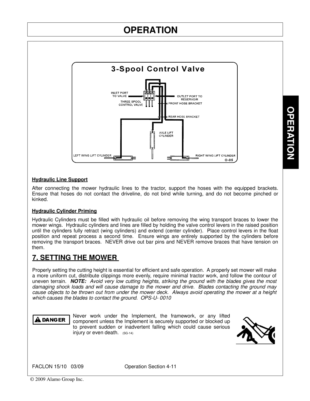 Alamo FALCON 15/10 manual Setting the Mower, Hydraulic Line Support 